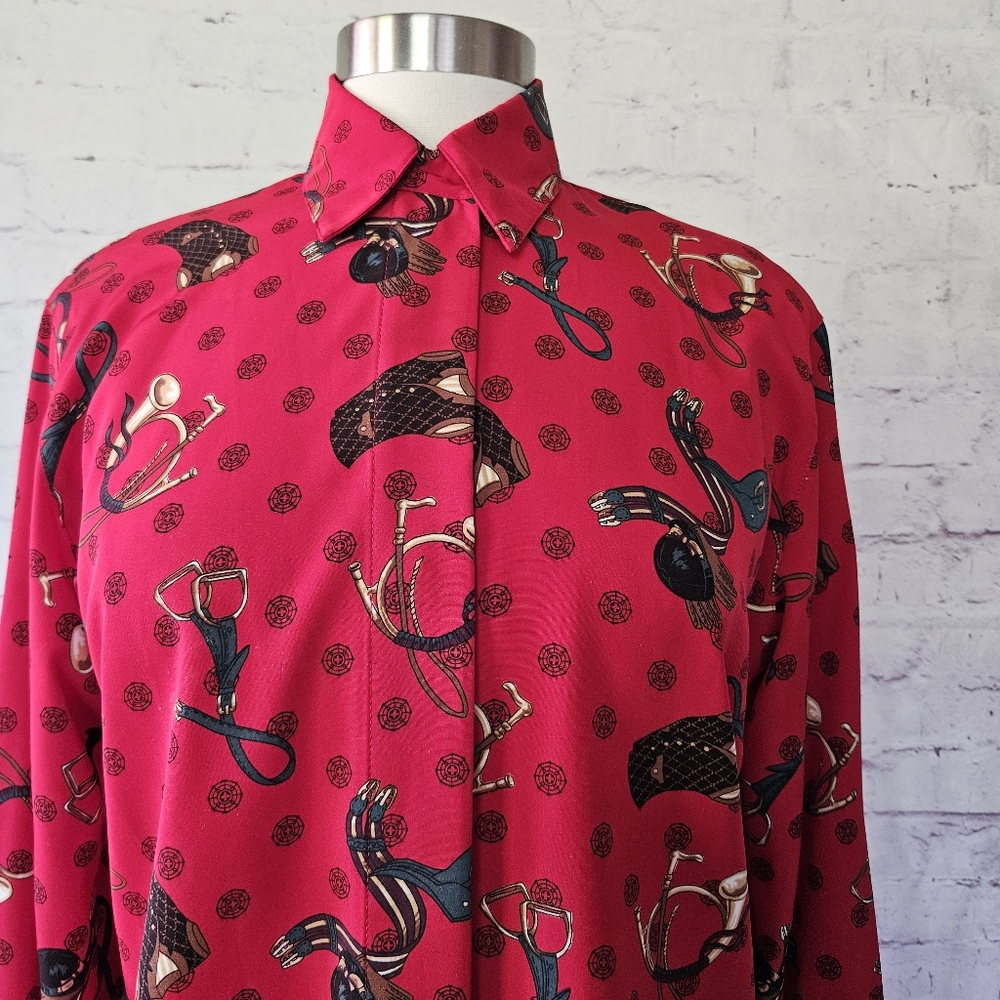 Vintage Chaus Petites Red Equestrian Horse Riding Print Button Front Blouse 6
